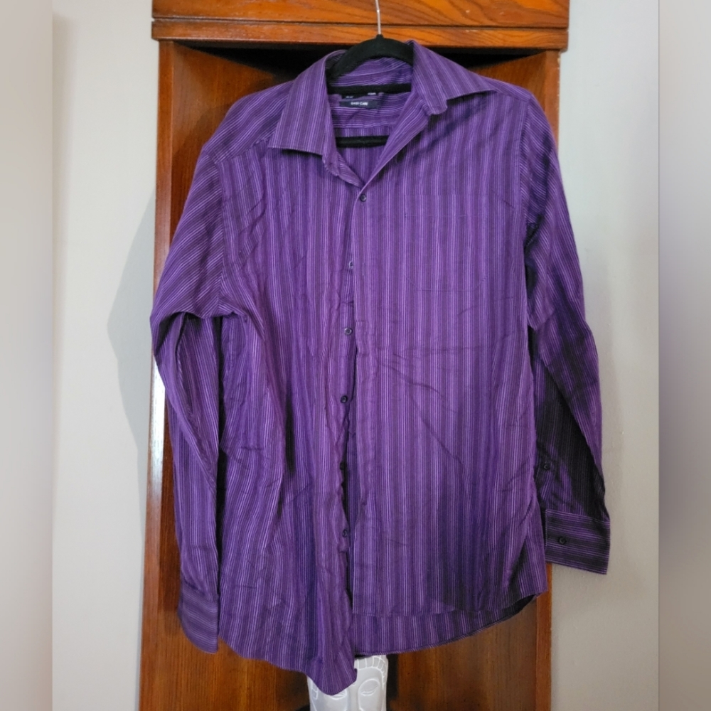 Thomas Nash men's button up purple stripe dress shirt size 16 1/2 x 42cm